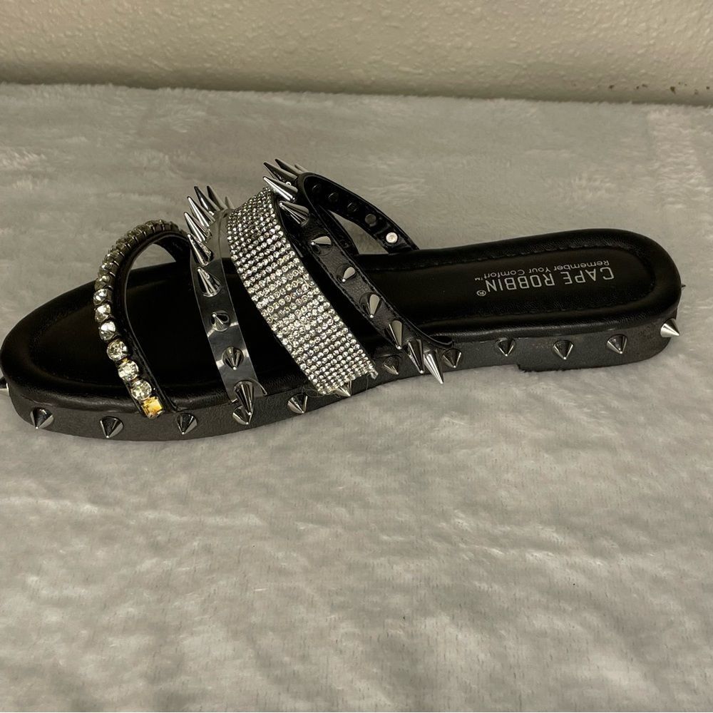 CAPE ROBBIN XTREME SLIDES Shoes Silver Metal with spikes and rhinestones BLACK 6 - Picture 4 of 10